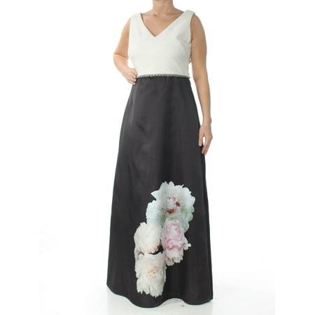 SLNY Womens Black Satin Gown Placed Floral Sleeveless V Neck Maxi Evening Dress Size: 6