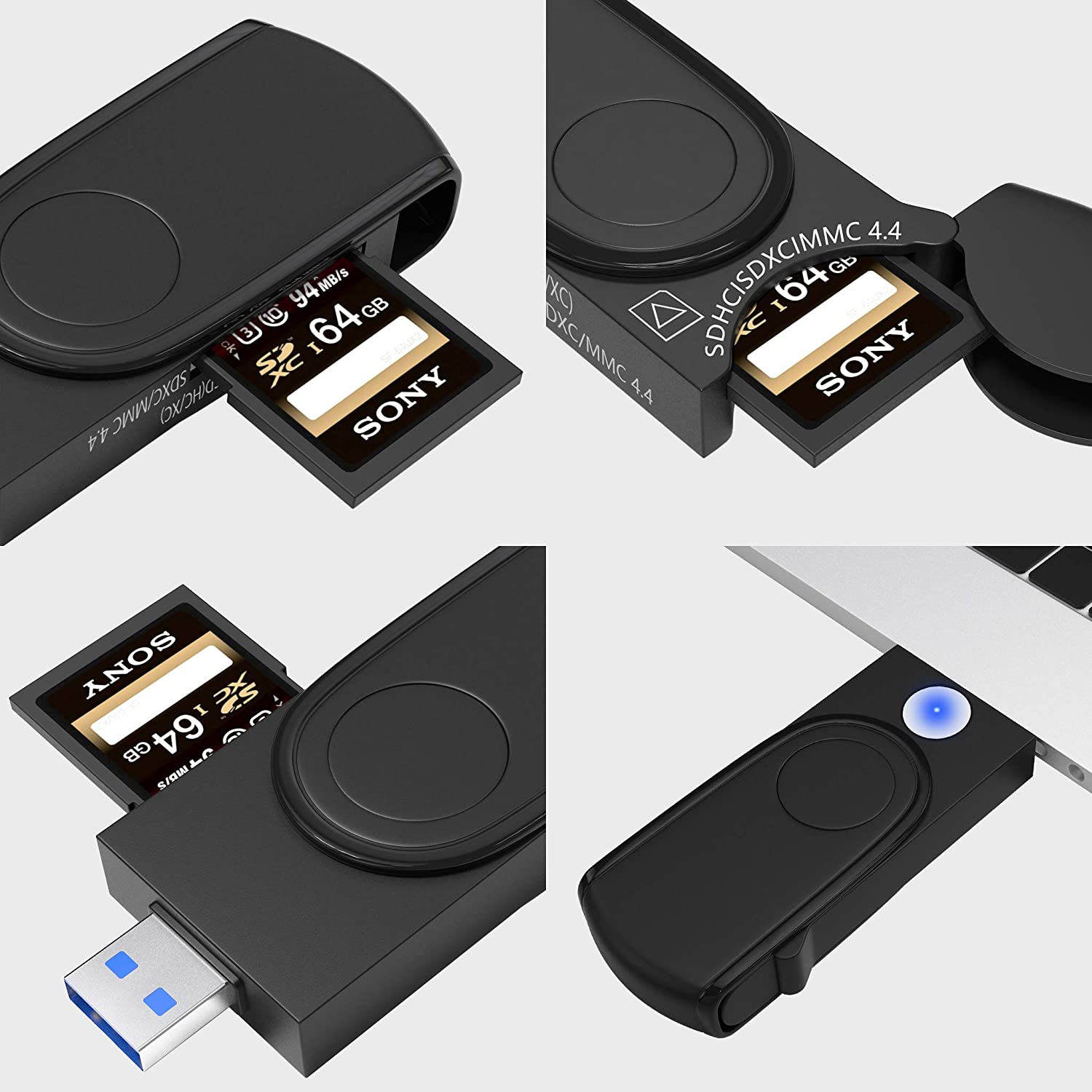 SD Card + Micro SD Card Cateck 4 in 1 USB 3.0 Memory Card Reader//Writer with a Build-in Card Cover and 4 Slots for SDXC Micro SD Micro SDHC Micro SDXC UHS-I SD SD MMC Memory Cards SDHC