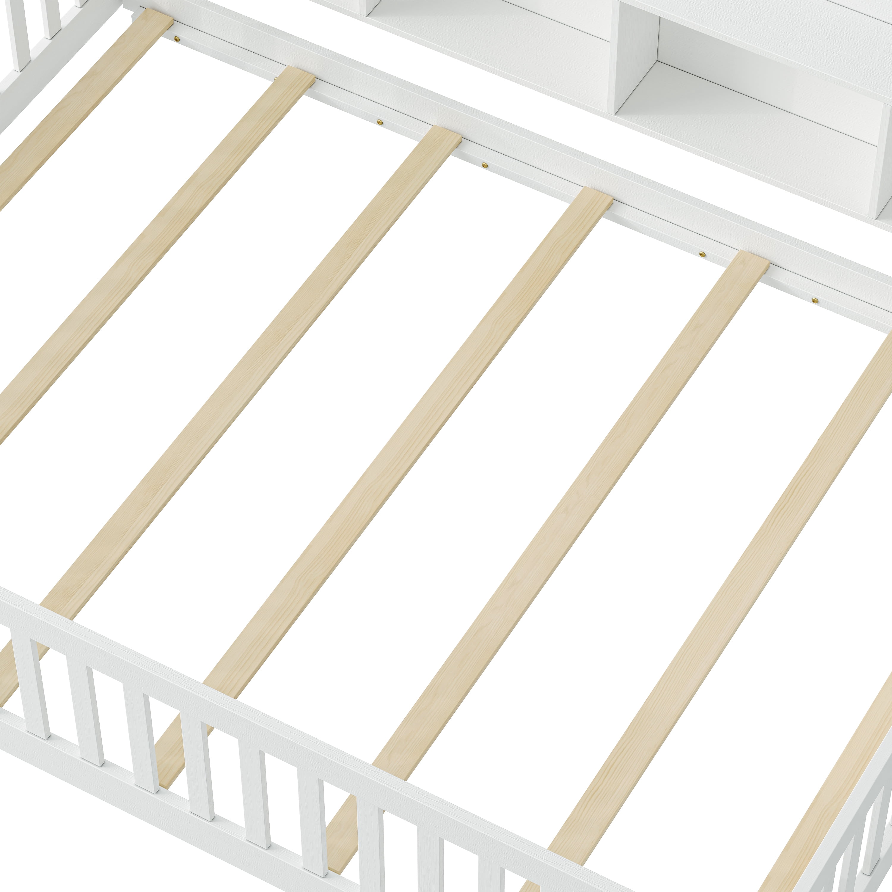 GARITIN Full Size Montessori Floor Bed, Headboard with Open Storage Cubbies, 4-Sided Guardrails with Access Door, Dual-Use Bed for Sleeping & Playing, White