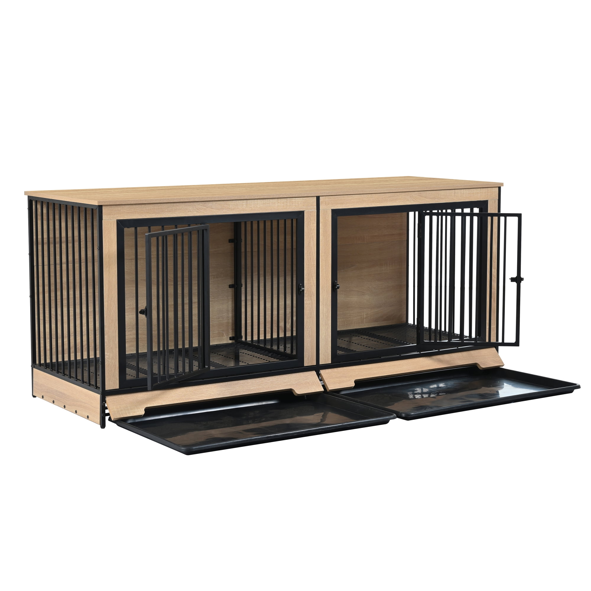 Leumius Dog Crate Furniture with Two Combined Room, XL Large Double Dog Cage Furniture with Tray Wooden Dog Kennel Furniture for Medium Large Dogs Black+Natural