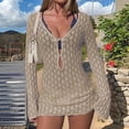 thumbnail image 5 of Women'S Swimsuit Coverup Long Sleeve Crochet Beach Cover Up Mini Dress Khaki M, 5 of 7