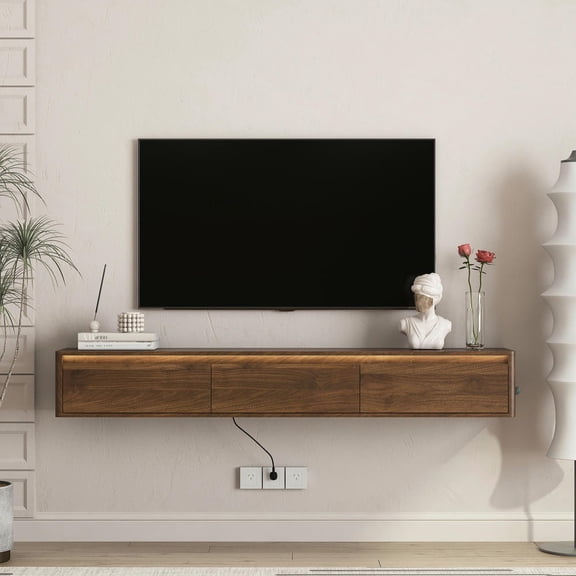Kadyn Floating Wood TV Stand with Wall Mounted Shelf, Power Outlet & High Gloss Finish, Brown