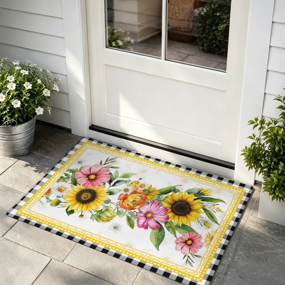 Doormat Daisy Sunflowe Front Door Mat Non Slip Absorbent Low Profile Floor Mat Summer Floral Black Buffalo Plaid Welcome Mats Entryway Rug for Entrance Kitchen Porch Home Decor 24"x36"
