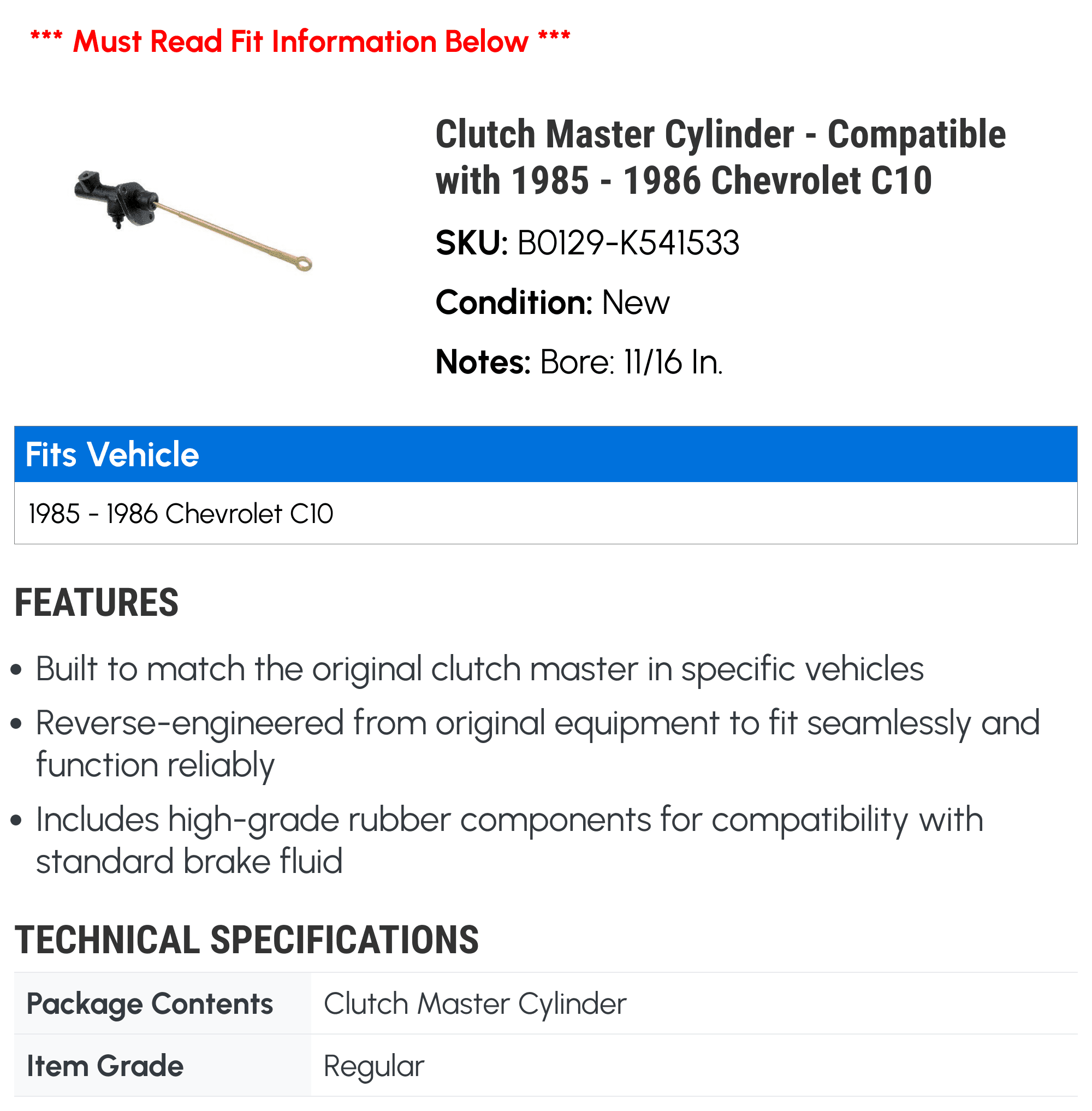 Clutch Master Cylinder - Compatible with 1985 - 1986 Chevy C10
