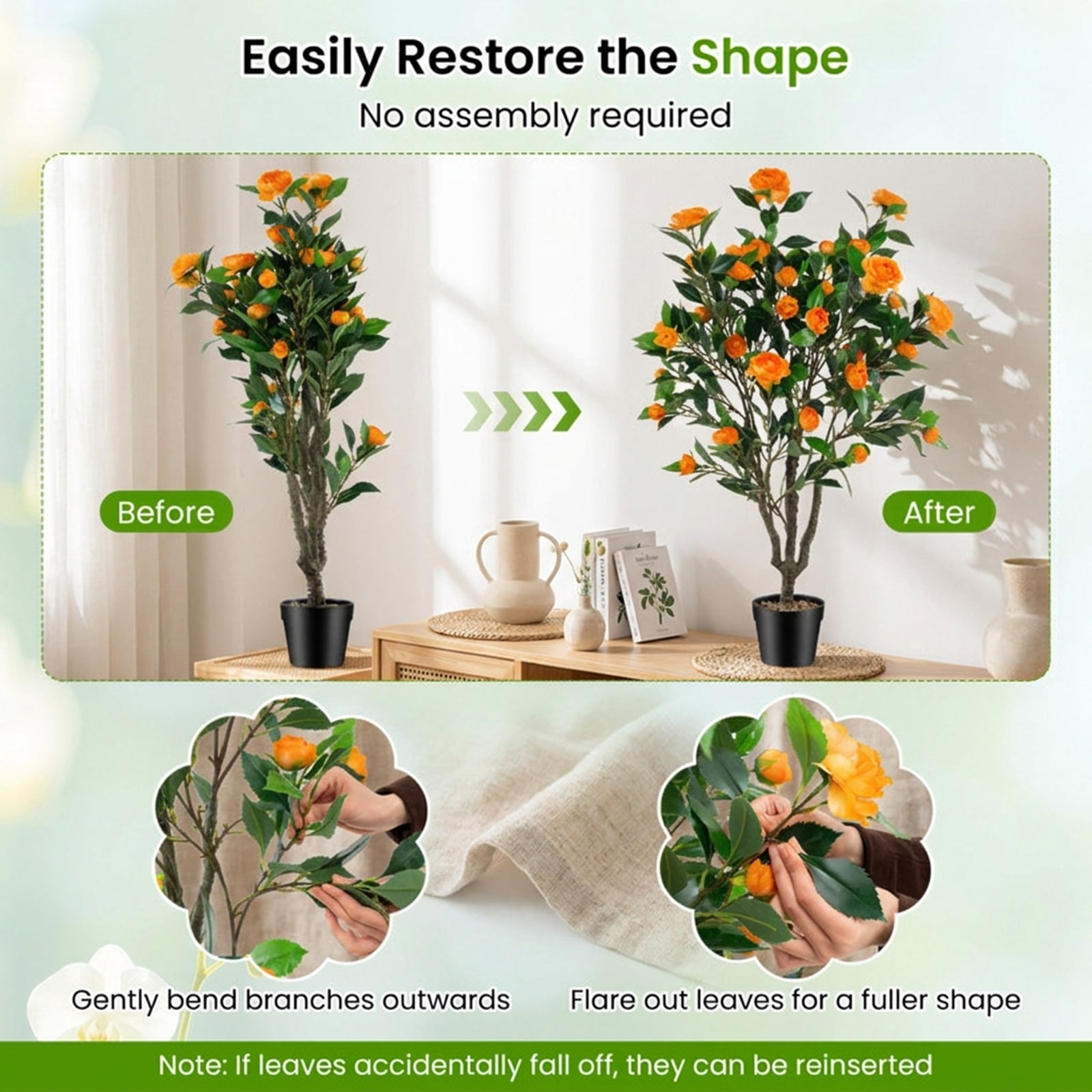 Vebreda 40 in Artificial Camellia Tree, Faux Potted Flowering Plant with 37 Silk Camellias, River Stones, and Cement-Filled Pot, Indoor Home Office Decor, Green