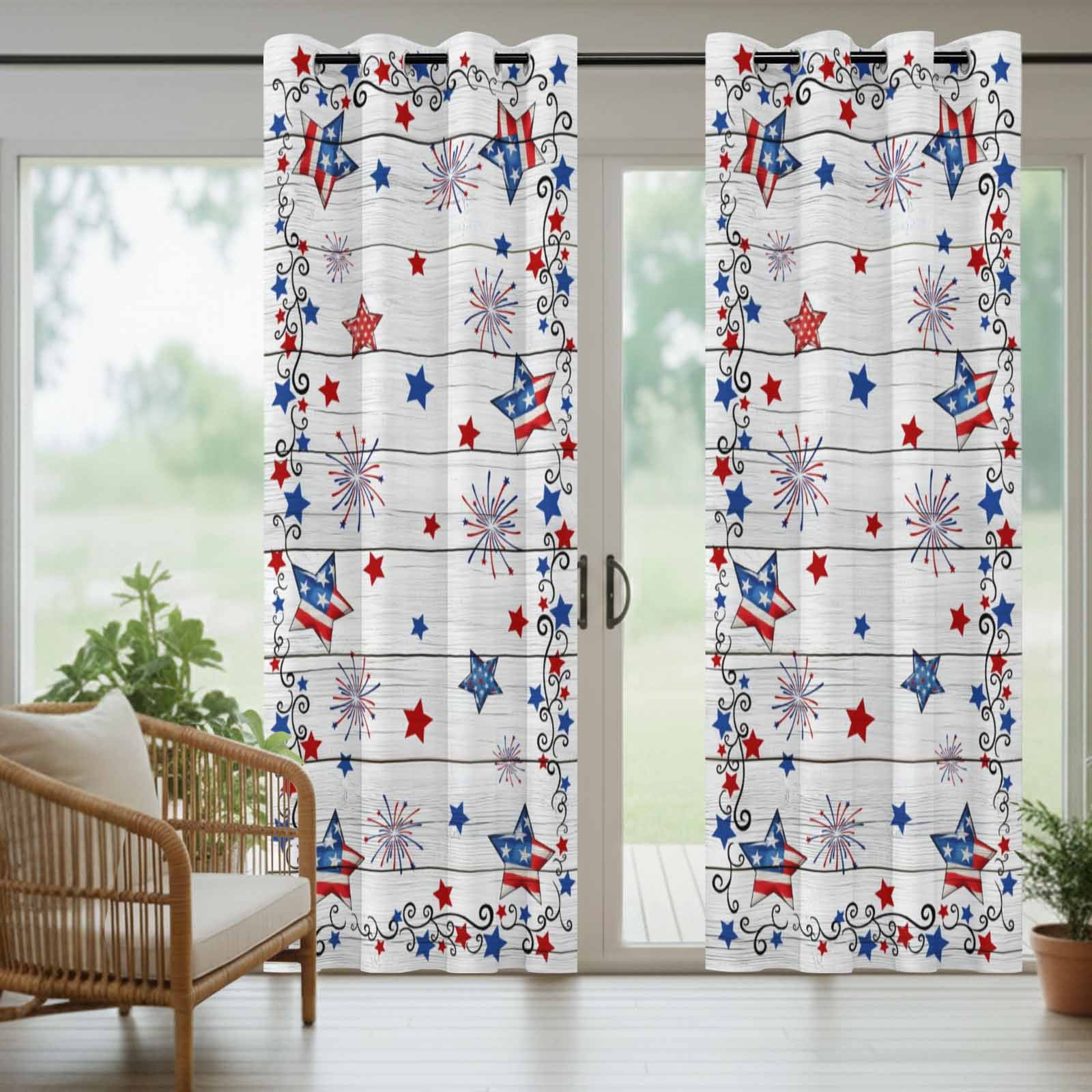 Vintage Star Outdoor Curtains for Patio, Flag Red Blue Star Fireworks Independence Day Wood Sunshade Privacy Drapes Grommet Waterproof Outside Curtains for Porch/Cabana/Balcony 54"x 108", 1 Panel