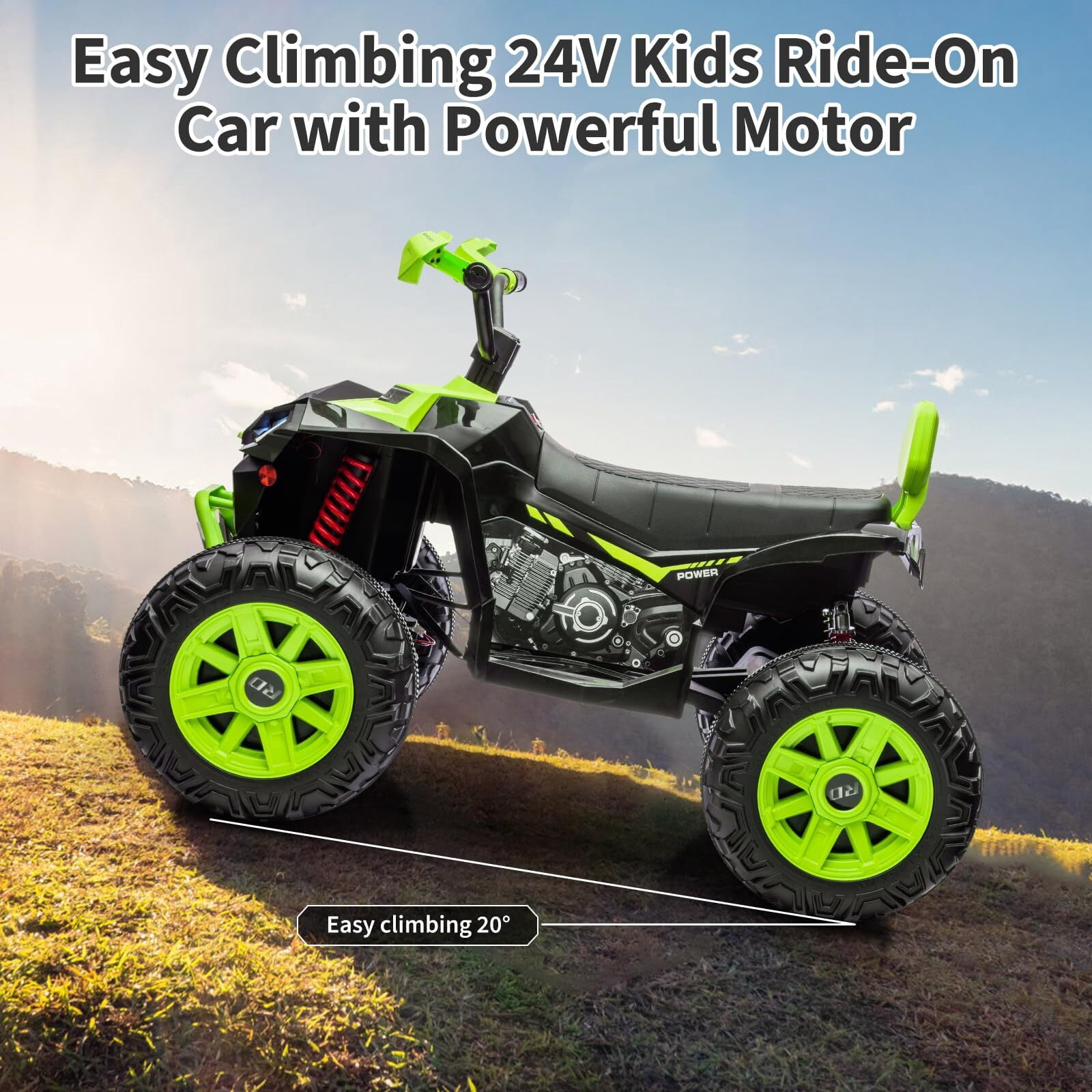 24 Volt Kids ATV Ride-On, Electric Dual 4 Wheeler with 2-Seater, Ride on Toys for Big Kids with Bluetooth, LED Lights, Music, High Low Speed, Green