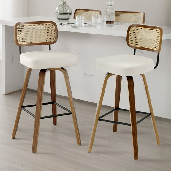 Foreate Swivel PU Bar Stools, Set of 2, 29" Bar Height Upholstered Leather with Rattan Back Wood Legs, Modern Chair Island Counter Stool for Kitchen, Cream White