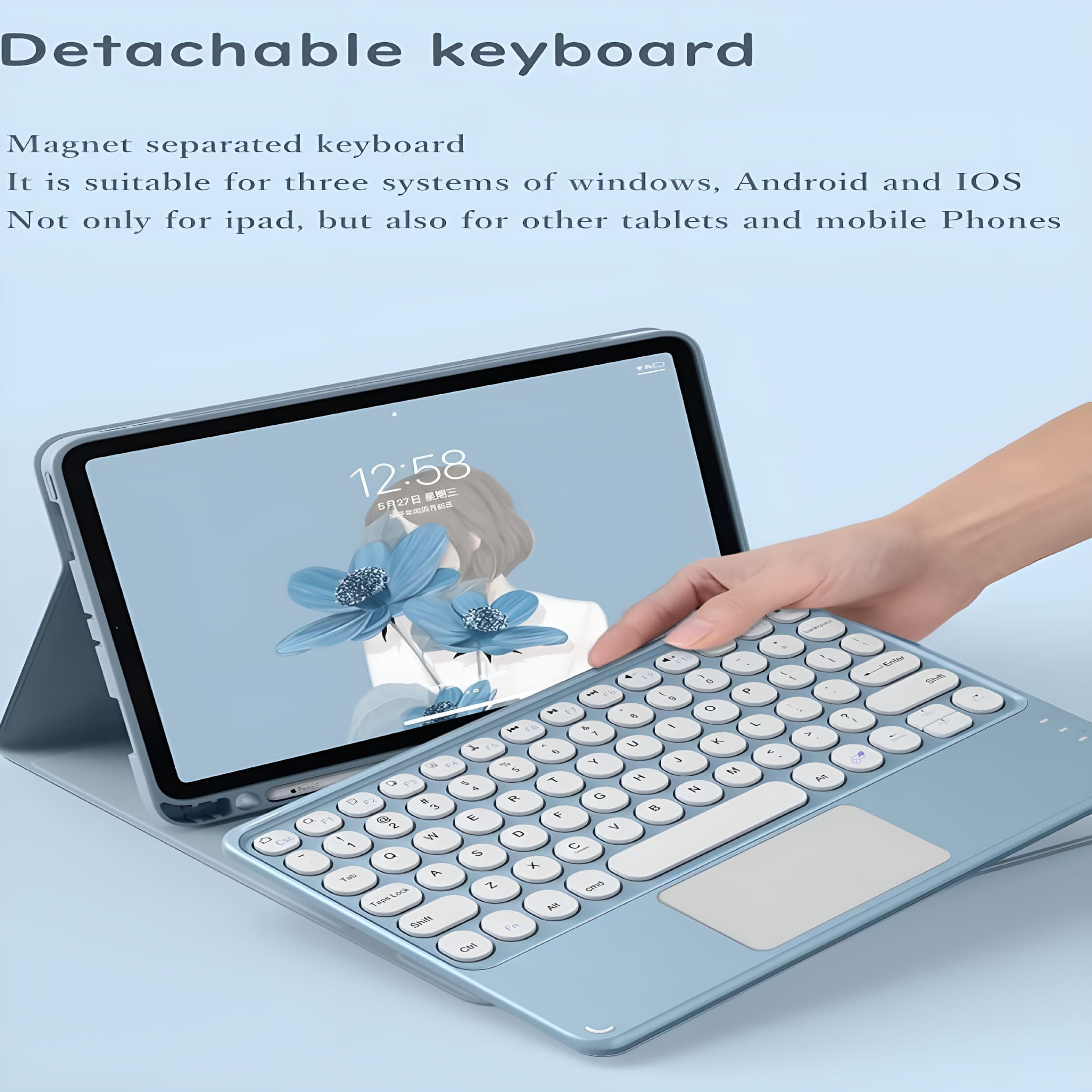 GJX Pro 12.9 Touch Keyboard Case with Bluetooth Mouse, Round Key Color Keyboard, Detachable Trackpad Keyboard Cover