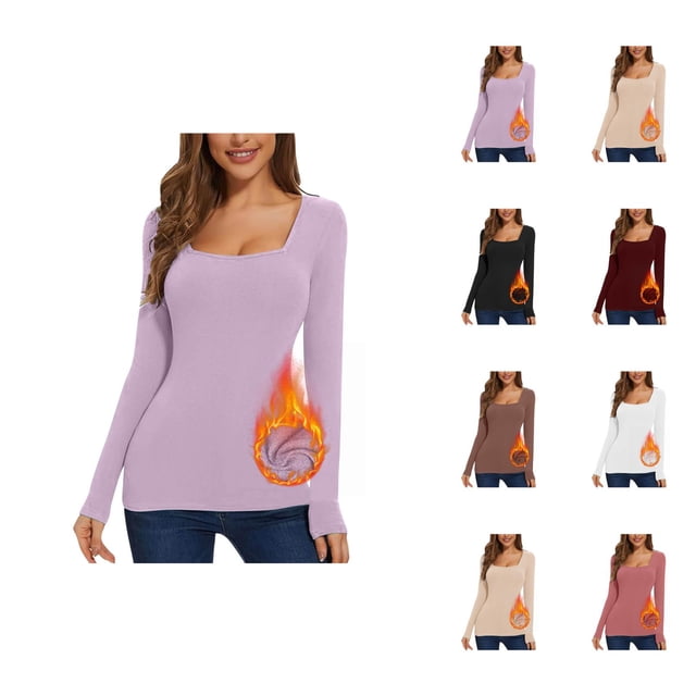 Women's Long Sleeve Shirts 2026 Fall Winter Basic Square Neck Fitted Breathable Undershirt T Shirts