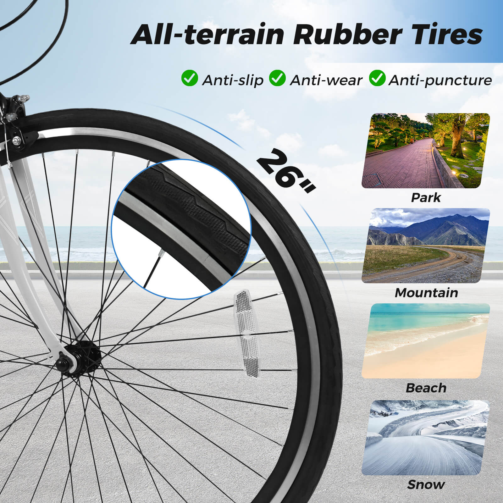 Costway 6-Speed Cycling Bike with All-terrain Rubber Wheels Dual Brakes Adjustable Saddle Gray