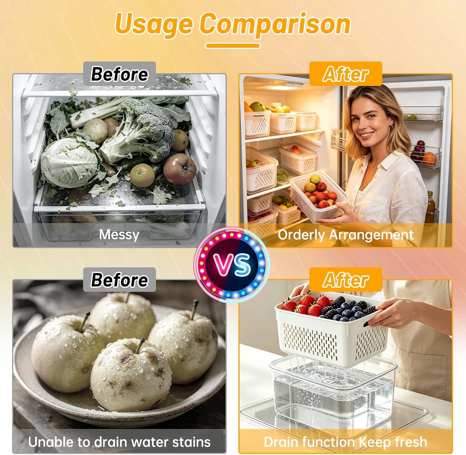 3 PCS Fruit Storage Containers for Fridge, Airtight Produce Storage Containers for Fridge, 4-in-1 Fruit and Vegetable Storage, Berry Keeper, Food-Grade & Easy To Clean Material