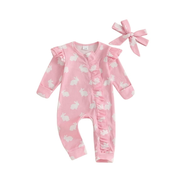 Suealasg Newborn Baby Girl Spring Jumpsuit Headband Long Sleeve Bunny Print One Piece Romper Bodysuit Infant Easter Clothes