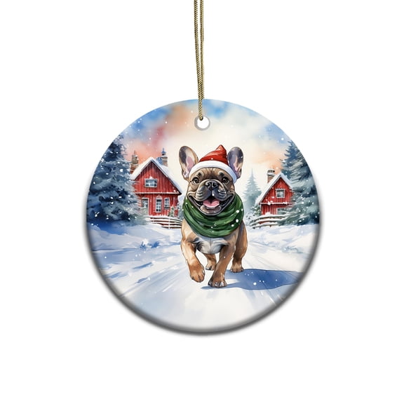 Hello Winter French Bulldog Frosty Morning Walk Welcome Snowy Christmas Ceramic Round Ornament Dog Lover Gifts Home Tree Decor - 02018