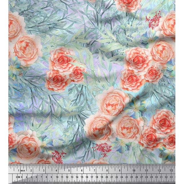 Soimoi Tissu en Coton Cambric Rose Imprimé Feuilles & Roses au Mètre 56 Pouces de Large