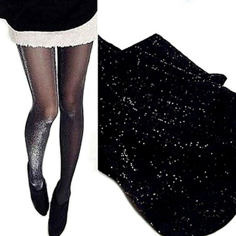 Shiny Pantyhose Glitter Stockings Womens Glossy Tights (Black with Silver)