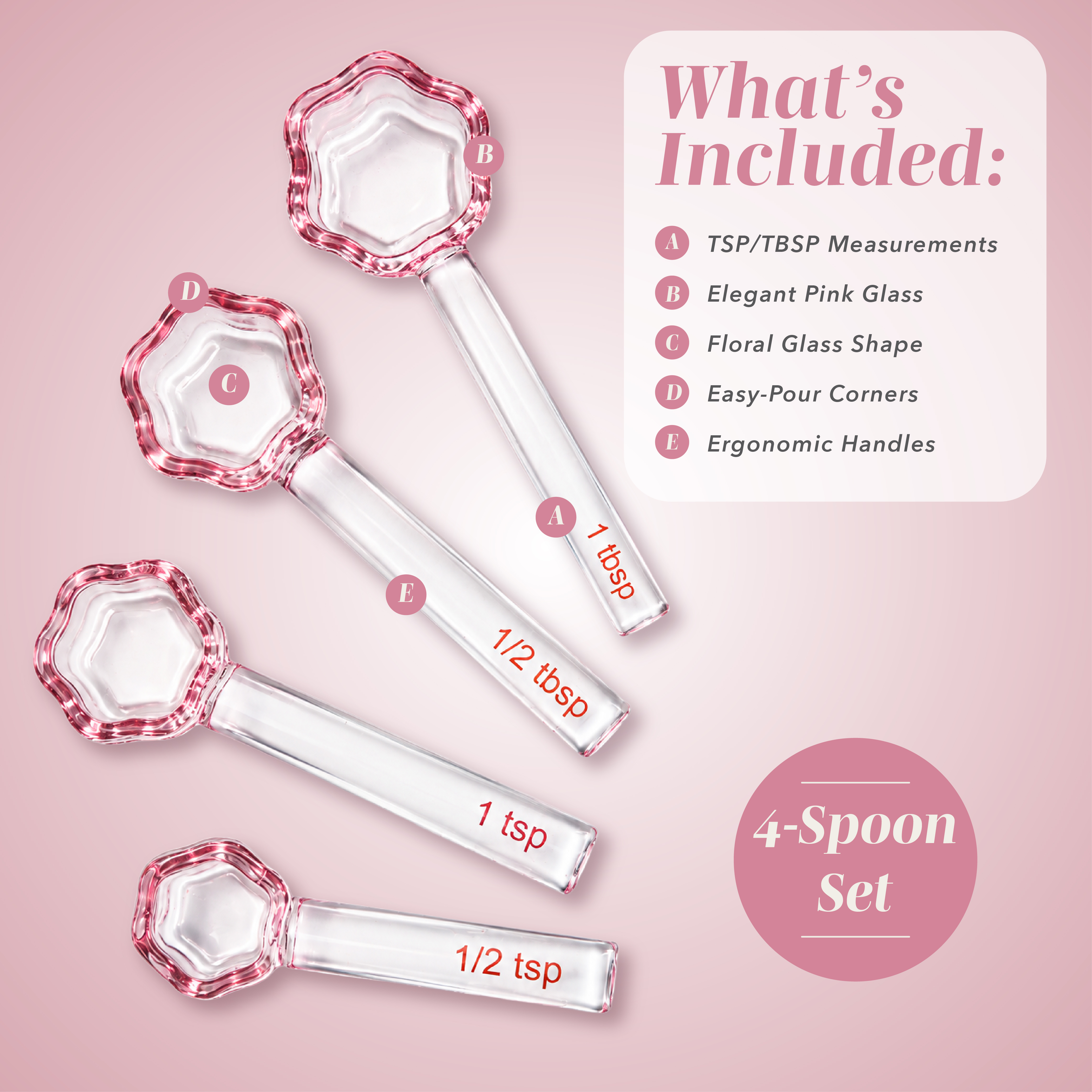 Cook With Color 8-Piece Flower Glass Measuring Cups & Spoons, Pink photo 3