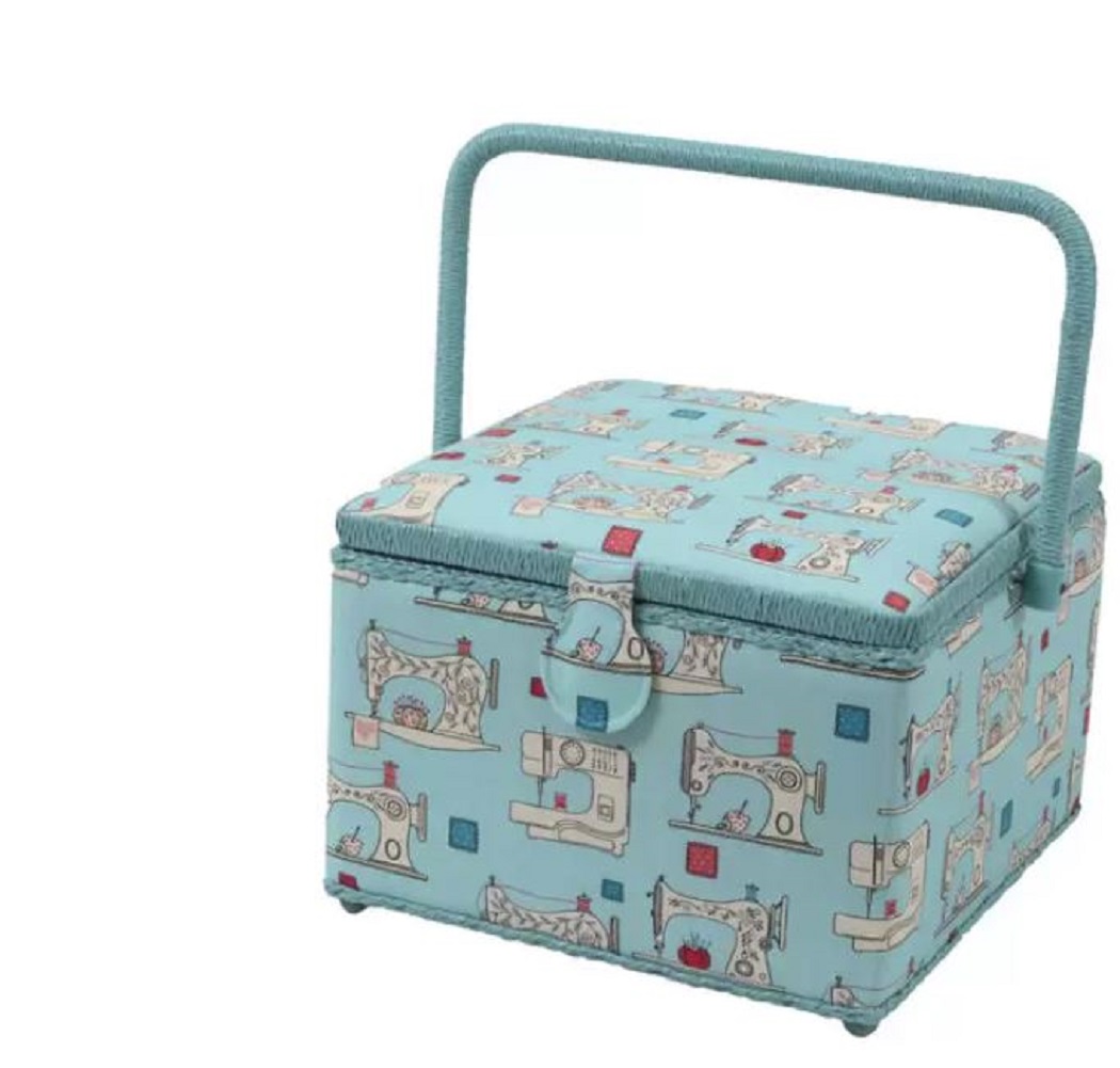 Dritz Sewing Basket large Square Blue Vintage Pattern Sew Box Hobby