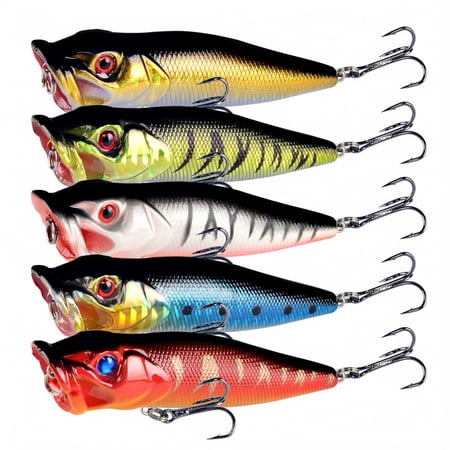 Decorr 5 PCS Topwater Popper Fishing Lures 3.54 Hard Surface Baits Treble Hook Equipped Realistic Pattern for Bass Pike Walleye Assorted Colors Freshwater Fishing Tackle Premium Fishing Gear