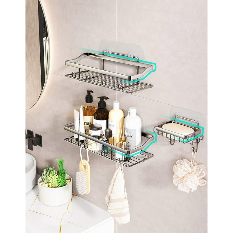 Wall Mount Adhesive Corner Shower Caddy with Soap Holder and 12 Hooks in  Brushed Silver (3 Pack)