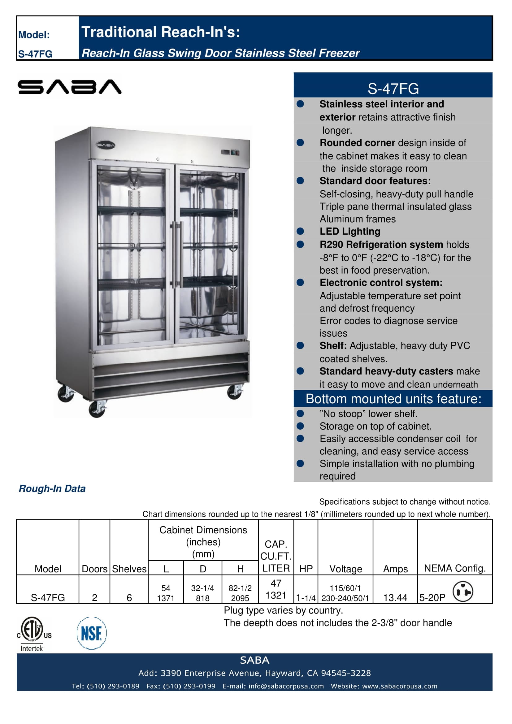 Heavy Duty Commercial 47 cu ft Stainless Steel Glass Door Reach-In Freezer (2 Door)