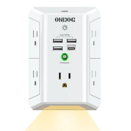 ONDOG 5-Outlet Surge Protector Power Strip with 4 USB Ports and Night Light