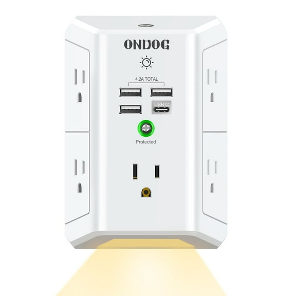 ONDOG 5-Outlet Surge Protector Power Strip with 4 USB Ports and Night Light
