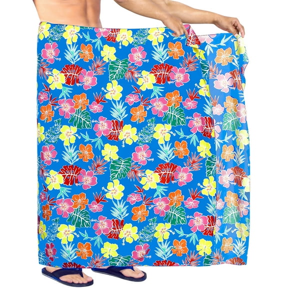 HAPPY BAY Men's Pareo Swim Trunk Surfing Sarong Long Beach Wrap One Size Admiral, Floral Hibiscus Summer Vacation Aloha