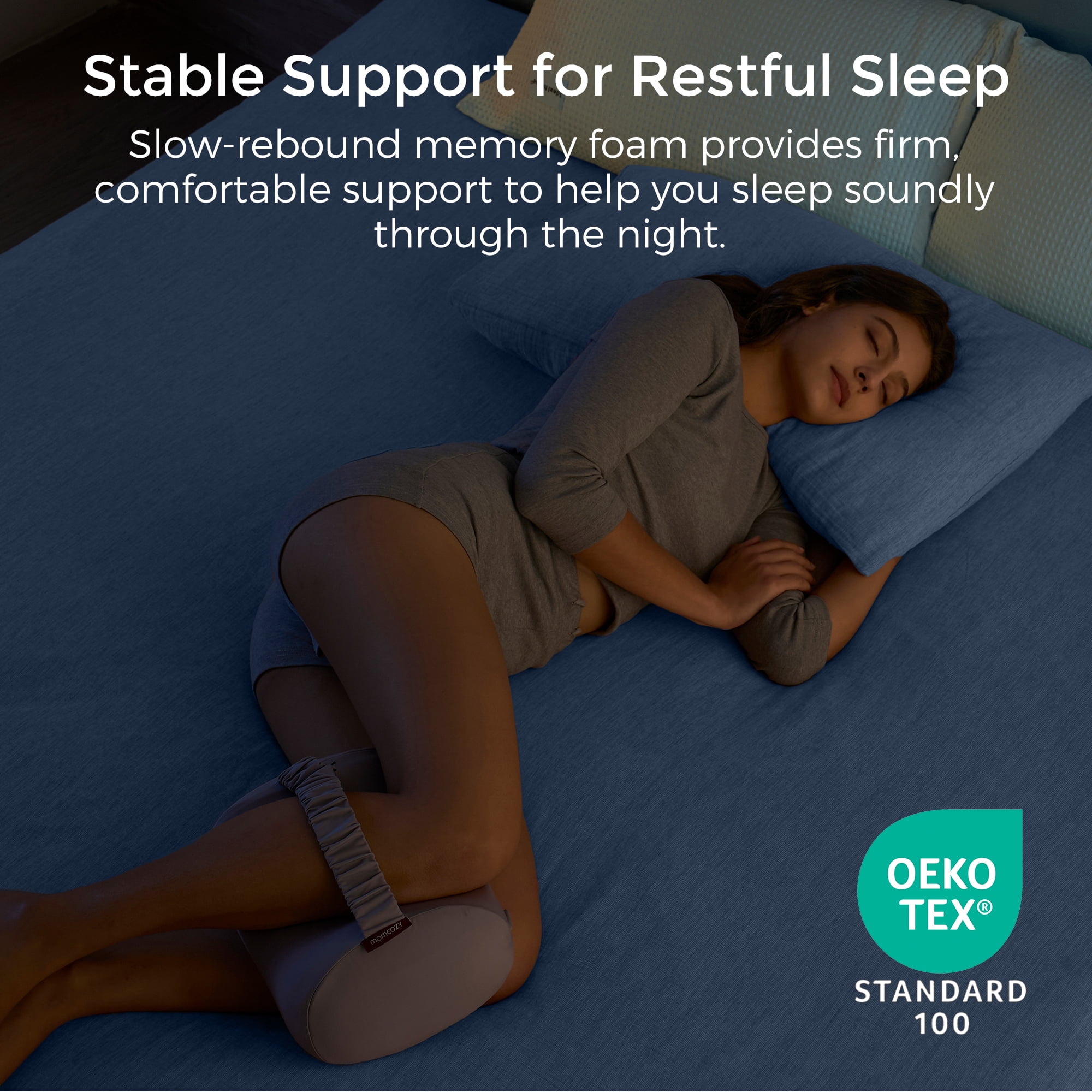 Momcozy Knee Pillow for Side Sleepers with Cooling Cover, Soft Memory Foam Spine Alignment Pregnancy Leg Pillow for HIPS, Back, Sciatica Pain, Fixed Strap for Moving, Wider Contact Even Pressure