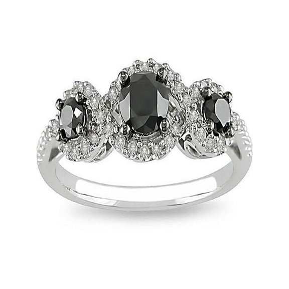 Sparkling Three Stone Trilogy Black Diamond Inexpensive Three Stone Engagement Ring 1 Carat Round Cut Diamond on Gold