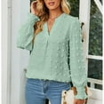 thumbnail image 5 of Fall Shirts for Women Long Puff Sleeve V Neck Solid Color Tops Swiss Dots Lightweight Thin Tunic Blouses T Shirts, 5 of 6