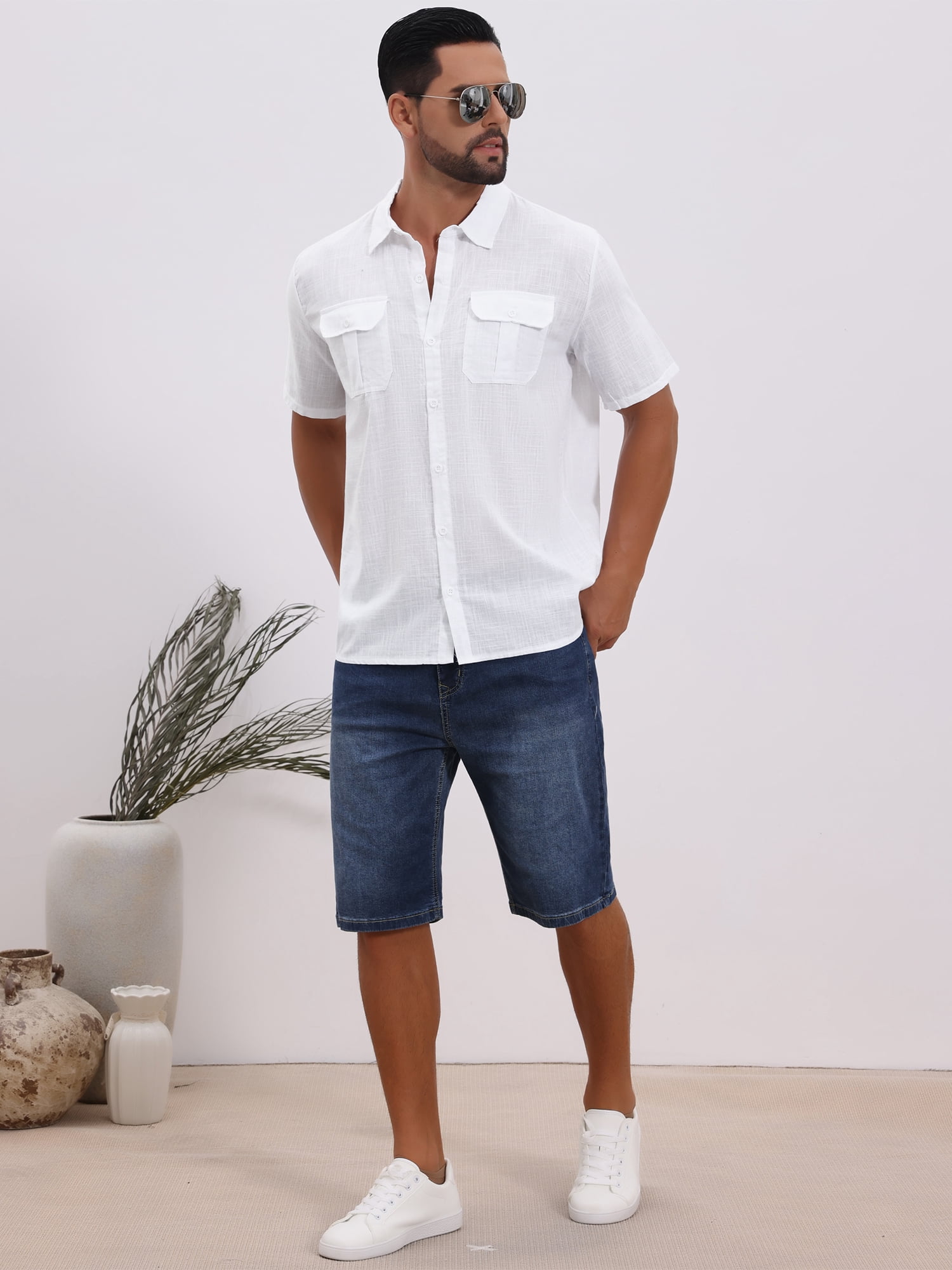 DARING DIVA Men's Solid Color Short Sleeve Button Down Linen Shirt M White