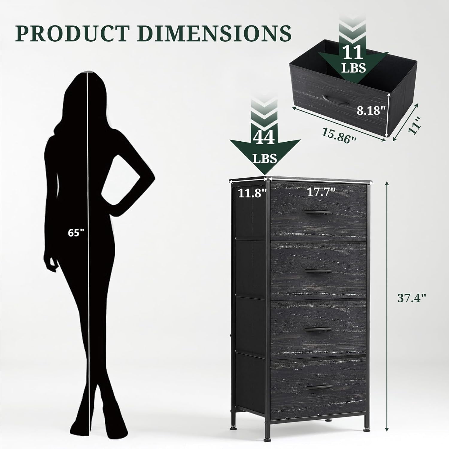 ACCVER Dresser for Bedroom 4 Storage drawer, Fabric Closet Chests Organizer Tower with Wooden Top Metal Frame for Living Room Hallway Entryway, Black Wood