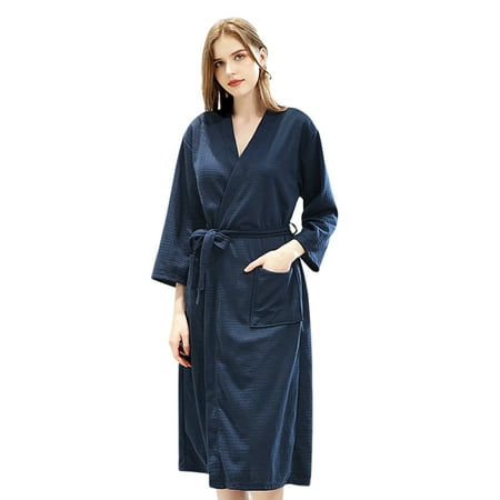 

Women s Lightweight Waffle Plaid Bathrobe Plus Size Knee-length Terry Kimono Short Bathrobe 3/4 Sleeve Loose Comfy Robe Sleepwear with Front Pockets Casual Loungewear S-XL Navy