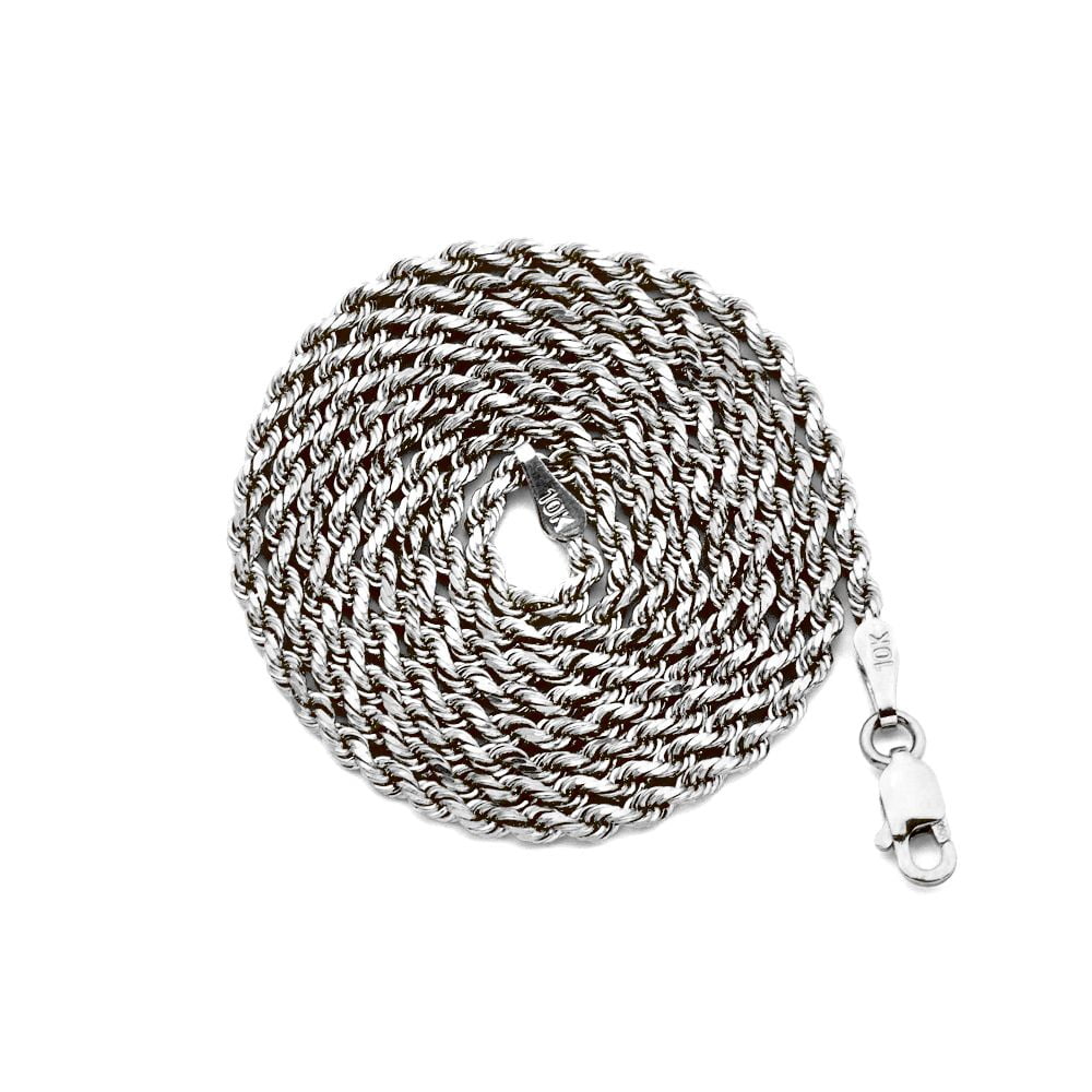 10K White Gold 2mm Diamond Cut Hollow Rope Chain Necklace with Lobster Lock (20")