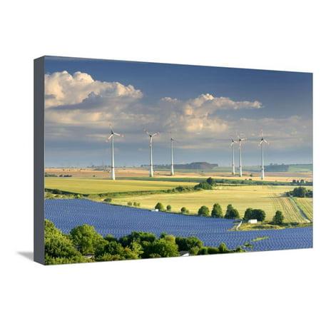 Alternative energy, wind power stations and solar farm, Saxony-Anhalt, Germany Stretched Canvas Print Wall Art By Andreas
