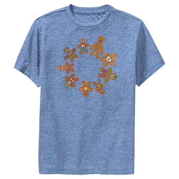 Boy's Marvel Christmas Gingerbread Cookie Circle  Performance Graphic Tee Royal Blue Heather Large