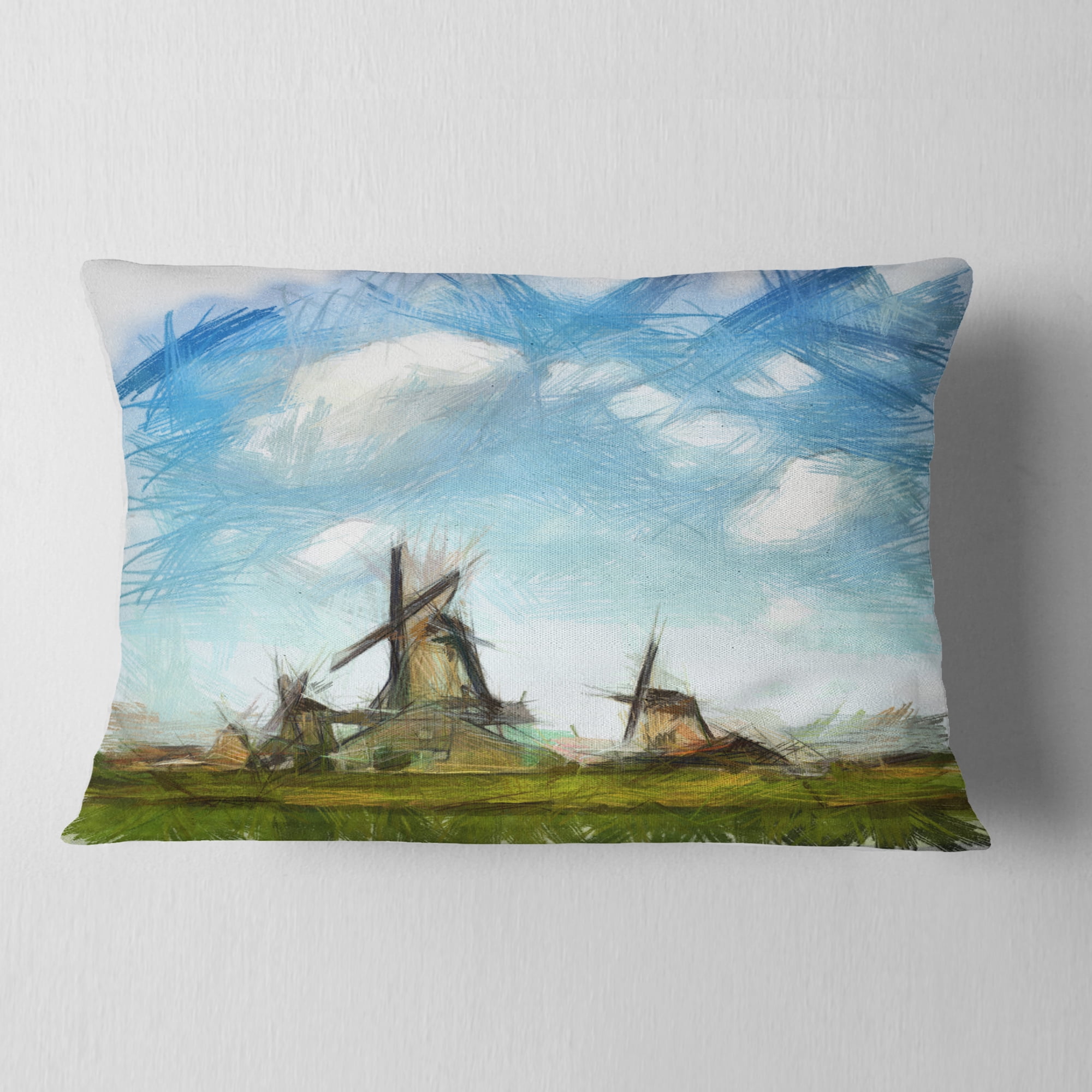Designart Watercolor Windmill in Netherlands - Landscape Printed Throw Pillow - 12x20