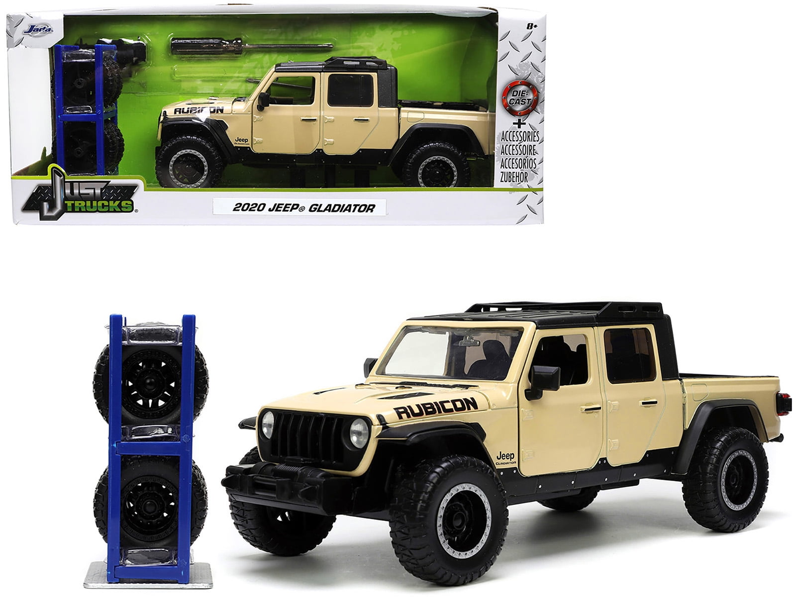 Diecast 2020 Jeep Gladiator Rubicon Pickup Truck Cream with Roof Rack with Extra Wheels Diecast 2020 Jeep Gladiator Rubicon Pickup Truck Cream with Roof Rack with Extra Wheels