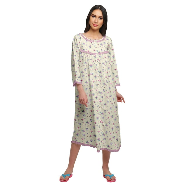 Moomaya Chemise de Nuit Boutonnée en Coton Imprimé pour Femmes, Robe de Nuit d'Allaitement