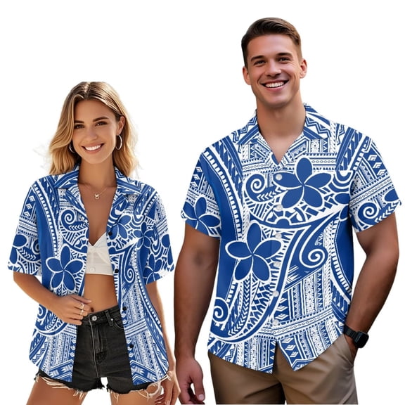 Garronmavis Blue Polynesian Matching Couple Outfits Men's Short Sleeve Shirt Light Plus Size Hawaiian Shirts and Women's Button Down Shirt Casual Beach Vacation Blouse