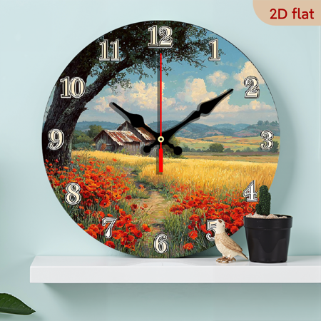 2D Flat 1pc 10Inch Wooden Rustic Farmhouse Wall Clock - Non-Ticking Silent Movement, Large Easy-to-Read Black Hands White Face, Red Poppies Golden Wheat Fields Landscape - Wood Round Clock