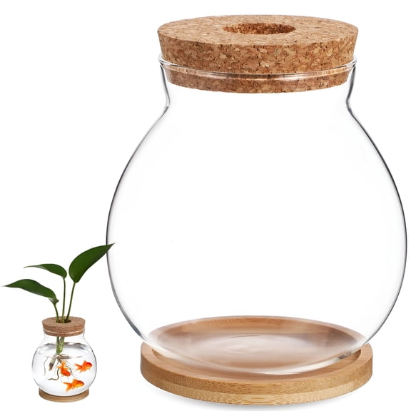ACDANC Betta Fish Tank Desktop Fish Bowl Hydroponic Terrarium Glass Small Fish Tank with Bamboo Cushion (5.51X5.12X1.18Inches)