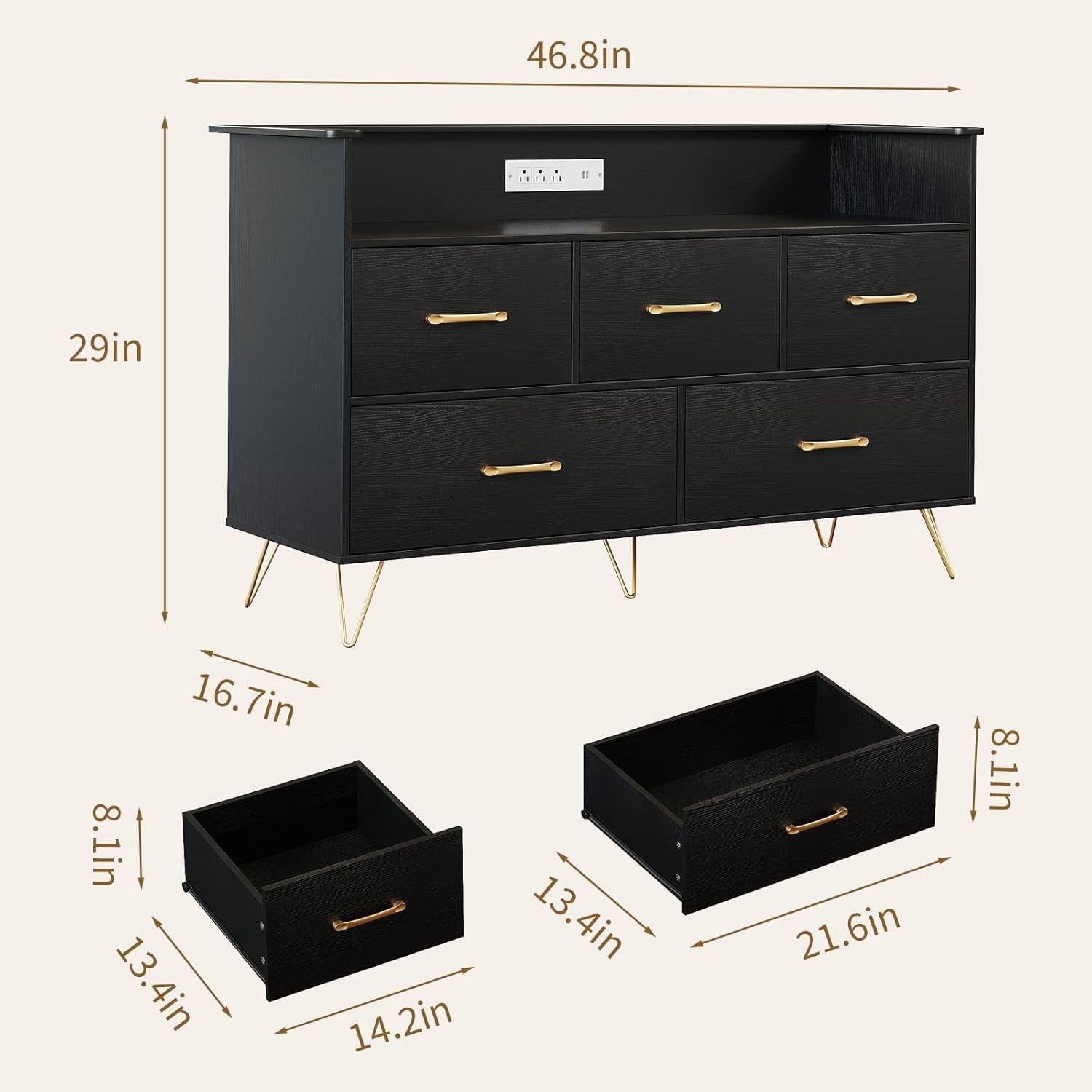 Black Dresser for Bedroom, 47" Wide Chest of Drawers with LED Lights, Charging Station & 5 Smooth-Sliding Drawers, Modern Wood Storage Cabinet for Entryway, Hallway, Living Room