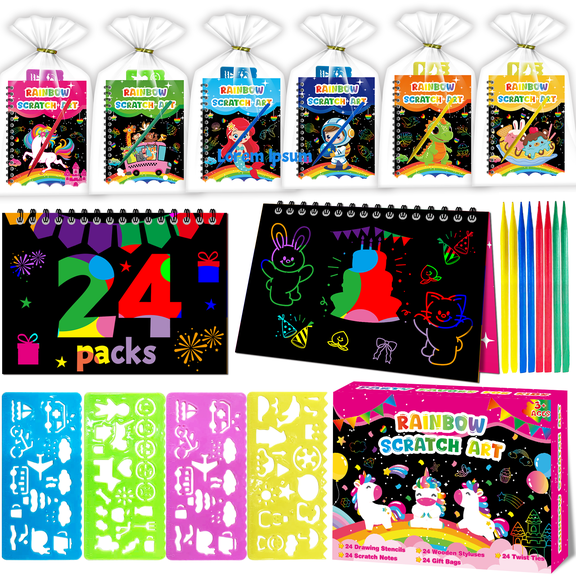Elfew Rainbow Scratch Art Set for Kids – 24 Scratch Notes, 24 Stencils, 24 Wooden Styluses, 24 Goodie Bags, 1 Gift Box – Creative Craft Kit