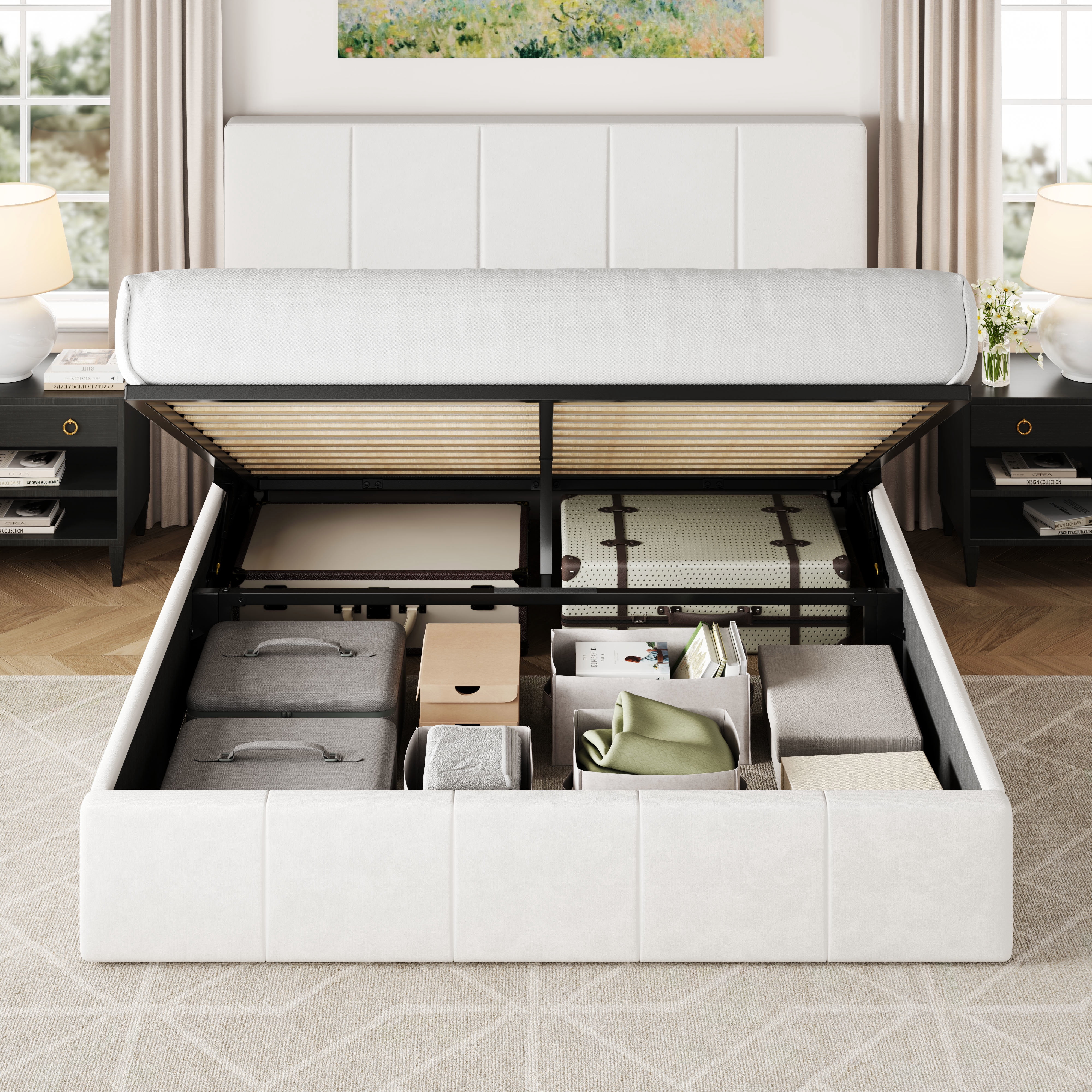 Allewie Queen Size Velvet Lift Up Storage Bed Frame, Vertical Channel Tufted Headboard, Hydrualic Underneath Storage, Upholstered Platform Bed, Wooden Slats Support, No Box Spring Needed, White