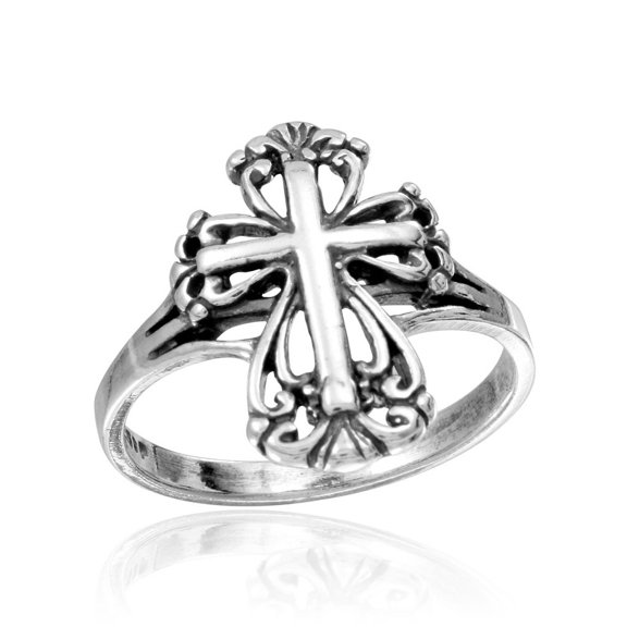 Rhodium Plated Sterling Silver Ancient Cross Ring Size 7