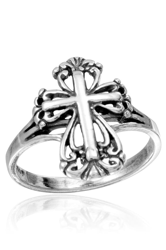 Rhodium Plated Sterling Silver Ancient Cross Ring Size 7