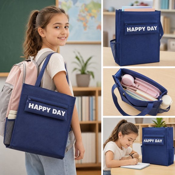 Kids Tutor Bag Tote With Zipper Pocket Mesh Side Roomy For Books And Stationery For Students And Adolescents