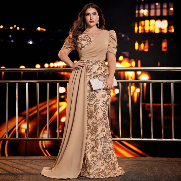 Elegant Women’s Formal Dress Wedding Guest Puff Sleeve Mermaid Ball Gowns Court Train Plus Size Sequin Long Dresses